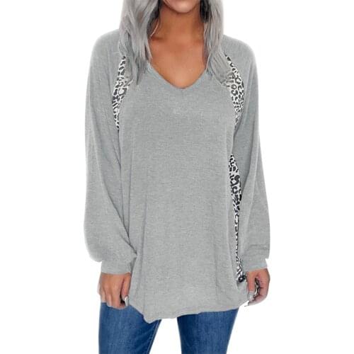 Leopard Print Stitching Womens T Shirts V Neck Casual Long Sleeved Tee Vintage Streetwear Daily Plus Size Pullover Autumn G2