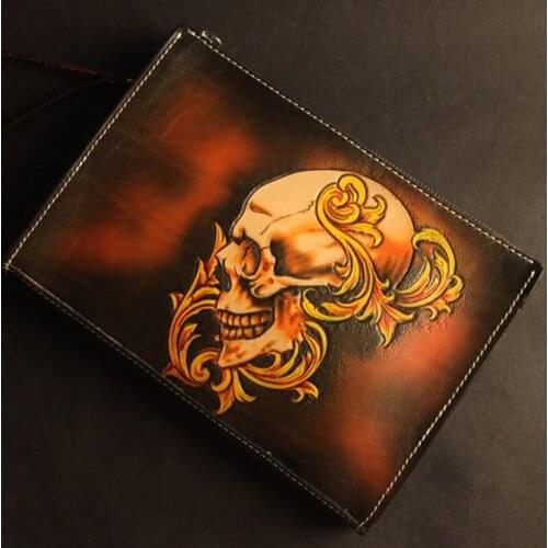 Women Men Vegetable Tanned Leather Skull Bag Money Holder Clutch Purse Clutches Cow Lerther Envelope