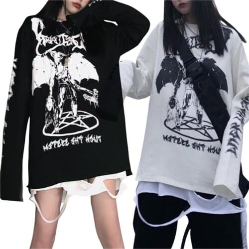 Women’s Y2k Demon Letter Print Loose Sweatshirt Casual Long Sleeved Pullover Top Gothic Oversized Loose Hoodies Streetwear