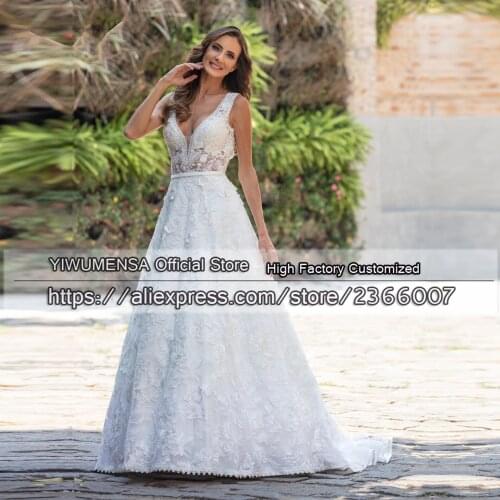 Vestidos De Fiesta Country Embroidery Appliques Sexy V Neck Robe Marriage A Line Lace Bride Dress Backless Wedding Gowns Bridal