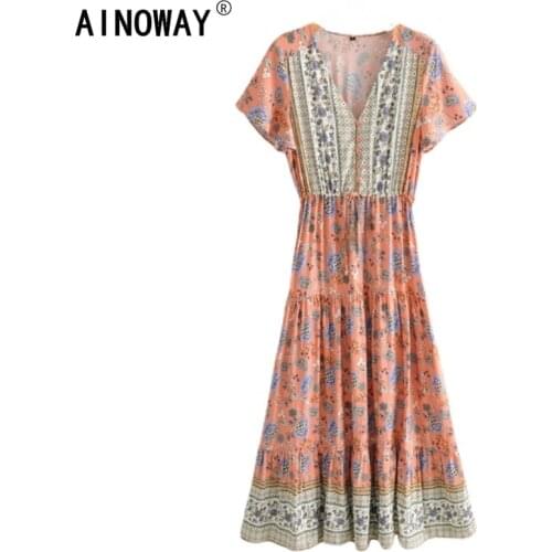 Vintage chic women Floral print short sleeve Bohemian maxi dresses Ladies deep V neck rayon cotton sashes Boho dress vestidos