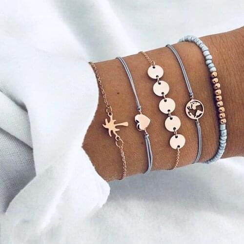 5pcs/set Minimalist Gold Sequins Coconut Tree Mini Heart Carved Map Charm Bracelets Set For Women Bohemian Rope Chain Bracelets
