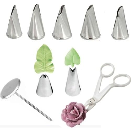 9Pcs/set Flower Scissor+Cake Tray +7pcs Tulips Rose Nozzle Nail Decor Lifter Fondant Cream Transfer Baking Pastry Kitchen