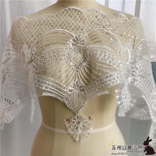 White 3D Lace embroidery fabric Sequins LACE decals flower Applique for DIY Wedding dress DIY 1 order=2 meters