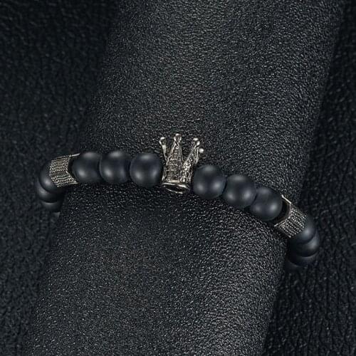 8mm Crown King Charm Bracelet for Men Women Black Matte Onyx Stone Beads Jewery R7RF