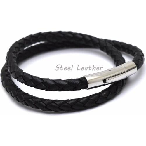5pcs/lot engrave logo Trendy Genuine Leather Bracelets Men Stainless Steel Multilayer Braided Rope Bracelets for Male Female