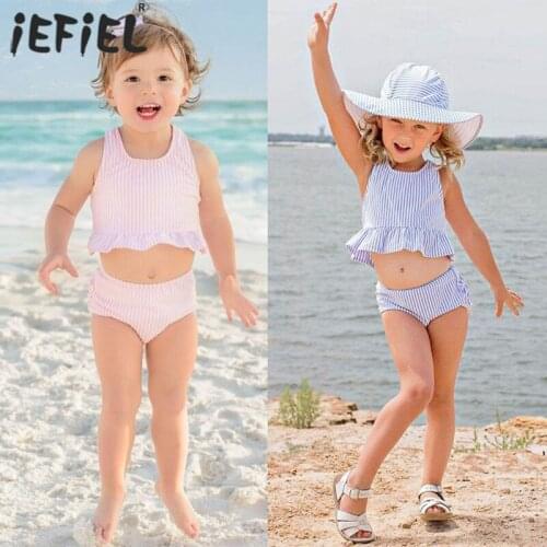 Infant Kids Baby Girls Cute Sleeveless Striped Print Ruffle Two-Piece Swimsuit Beachwear Bathing Suits Swimwear Beach Bikini