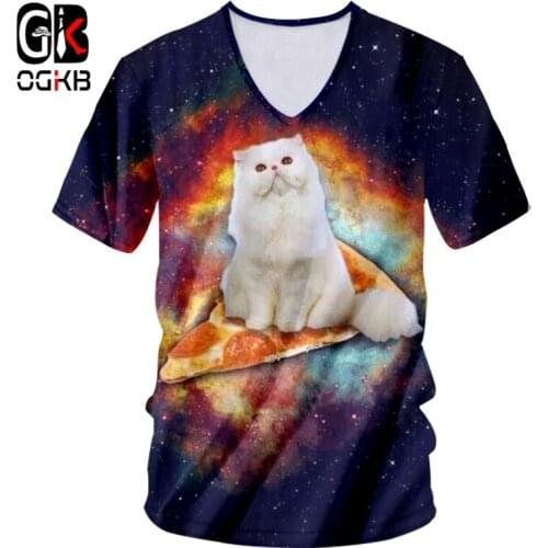 OGKB Mens V Neck Tshirt Funny Print Galaxy Space 3D T-shirts Cat Sit On Pizza Man Hiphop Streetwear Short Sleeve Unisex