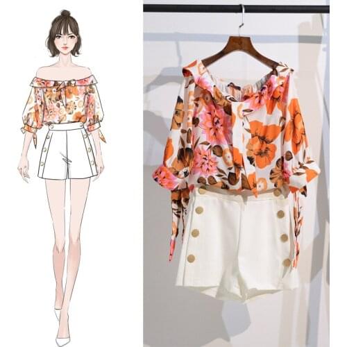 Suit female 2019 summer new casual fashion word collar elastic printed shirt loose shorts temperament wild women two pieces