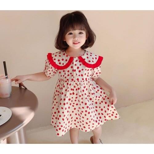 Summer Kids Dress Puff Sleeve Half Button Placket Red Girls Large Lacework Lapel Dress for Daily Wear