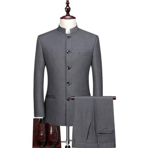 Mens Stand Collar Chinese Style Slim Fit Two Piece Suit Set / Male Zhong Shan Blazer Jacket Coat Pants Trousers 2 Pcs