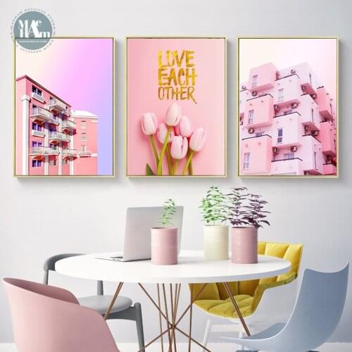 Nordic Pink flowers wall art Canvas Painting posters Prints Building Landscape wall Pictures for Living Room Morden Home Decor