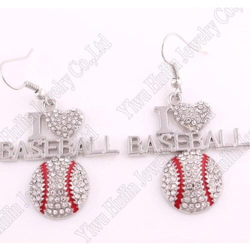 New Arrival fashion rhodium plated earring with sparkling crystals I LOVE BASEBALL pendant