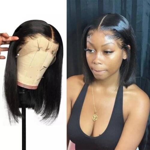 Transparent Lace Cut Bob Wig Brazilian T Part 16" Human Hair Wigs Straight Bob Wig For Women Remy 13X1 Short Bob Wigs Baby Hair