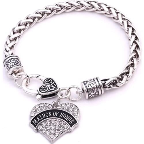 Matron of Honor Clear Crystal Heart Silver Bracelet Wedding Jewelry Gift