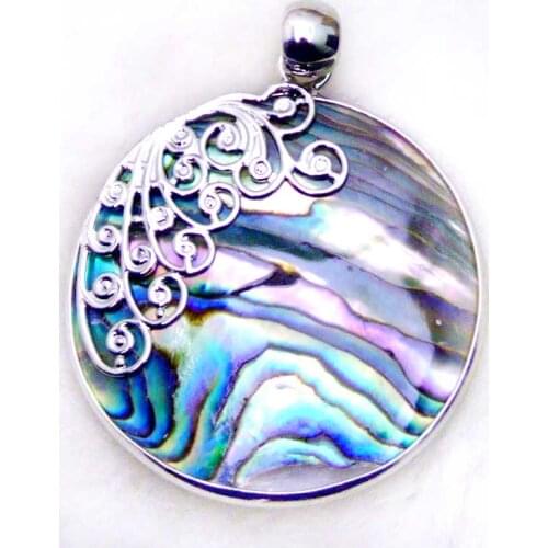 Qingmos Trendy 35mm Round Pendant Necklace for Women with Blue Natural Sea Abalone Shell and Leather Cord Chokers 17" pen86