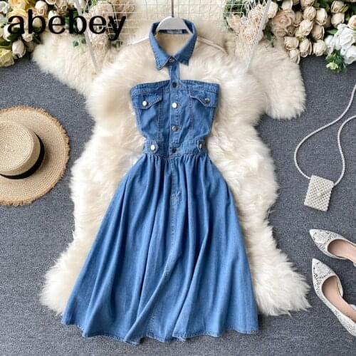 Sexy Women Denim Jeans Halter Dress Vestidos Strapless Backless Woman Slim Chic Jean Dresses