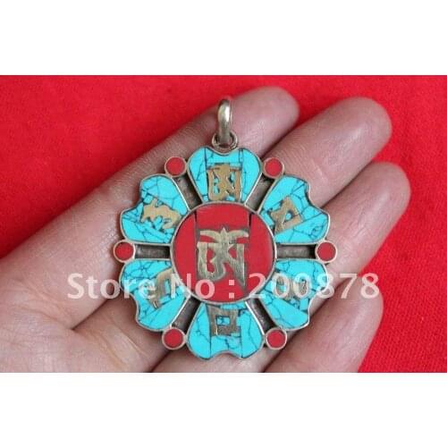 Tibetan JewelryTBP144 Tibetan six words mantras Amulet pendant38mminlaid turquoise croalNepal vintage flower