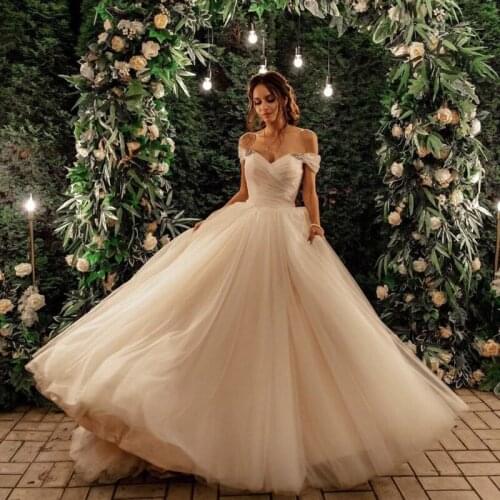 A Line Wedding Dresses 2021 Modest Plus Size Off Shoulder Bridal Gowns Sweep Train Tulle Beaded Pleats