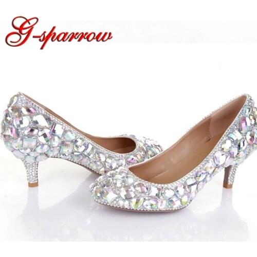 2" Middle Heel Cinderella Prom Shoes Almond Toe AB Crystal Bride Wedding Shoes Blingbling Mother of the Bride Shoes Dropshipping