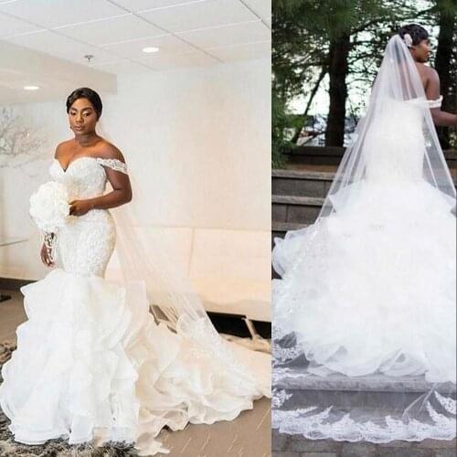 South African Mermaid Wedding Dresses Sexy Off Shoulder Vintage Ruffles Organza Applique Lace Formal Bridal Gowns