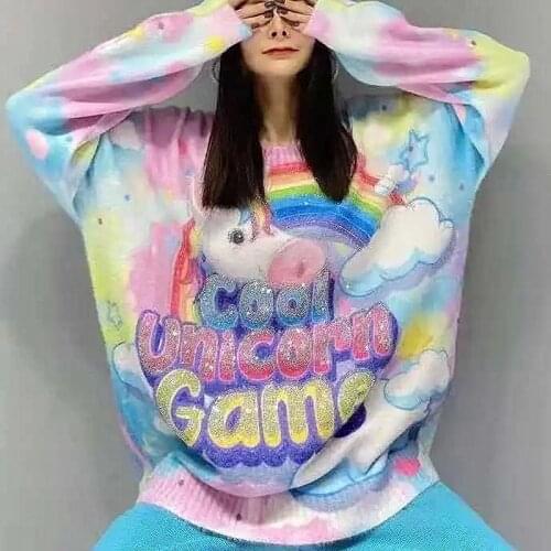 Funny Women Knitted Sweater Young Girls Cute Rainbow Cartoon Print Oversize Sweaters Party Pullover Jumper Mohair Sweaters NS867