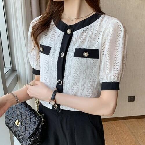 2021 Korean Spring Chiffon Lace Women Blouse Short Sleeve Ladies Tops Casual Slim Shirt O Neck Blouses Shirts For Women Clothes