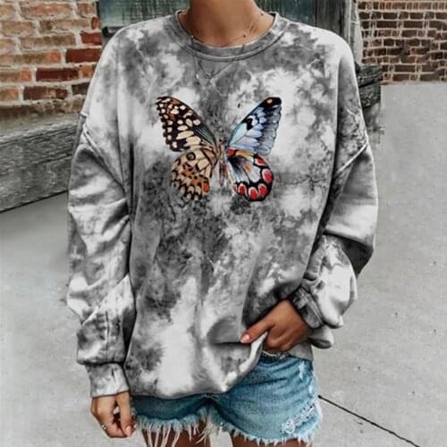 Butterfly tie-dye print sweatshirt women loose o-neck long sleeved long pullover tops oversize sudaderas mujer