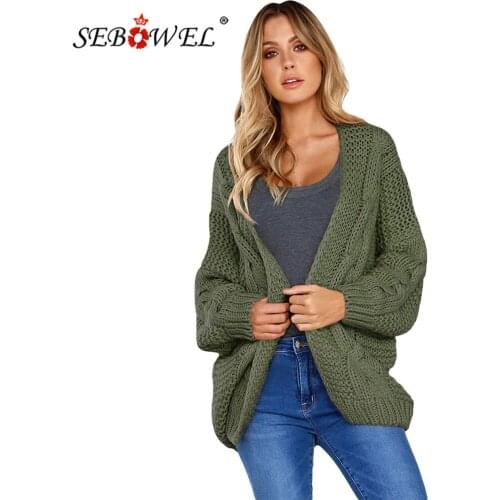 SEBOWEL Woman 2021 Winter Warm Casual Chunky Wide Long Sleeve Knit Cardigan Female Stretch Plus Size Loose Ribbed Hem Sweater