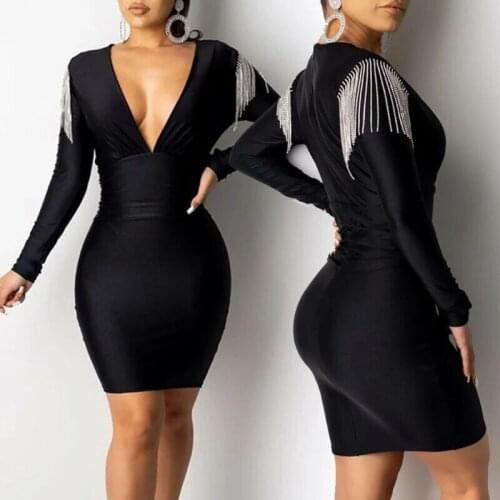 Womens Long Sleeve Bodycon V-Neck Evening Party Black Club Short Mini Dress pencil dresses