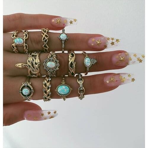 11 Pcs/Set Women Fashion Rings Set Star Crown Cross Snake Geometric Crystal Gems Gold Color Joint Ring Lady Charm Party Jewelry