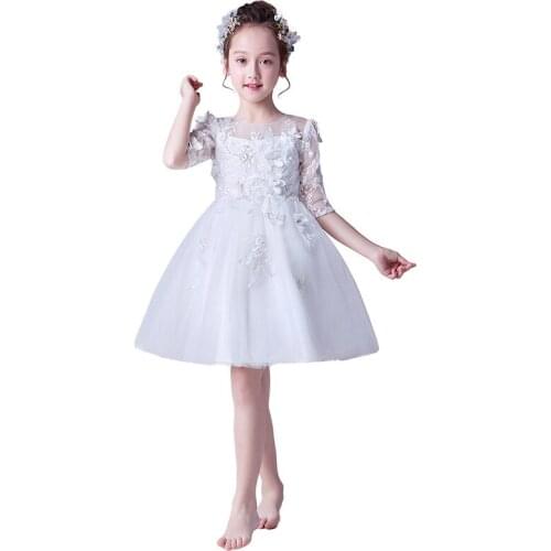 2021 Girls Party Dresses Kids Lace Sleeves 3D Flower Applique Birthday Wedding Clothing Father and Daugther Ball Gown
