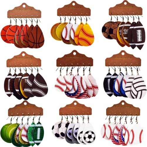 3 Pairs/Set Sport Leather Earrings Football Basketball Rugby Volleyball Double-Sided Print Dangle Earrings Women Jewelry Gifts