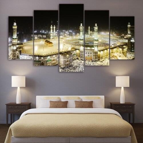 5 Panel Islamic Mosque City Night View Landscape Pictures Posters Wall Art Home Decor Canvas HD Paintings Living Room Decoration