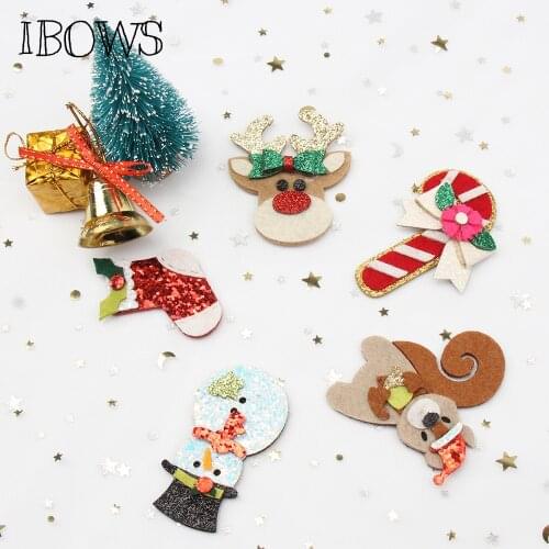 IBOWS 5pcs Christmas Patches Glitter Felt Stickers Xmas Patry Decoration for DIY Hair Clip Accessories Children Crafts Materials