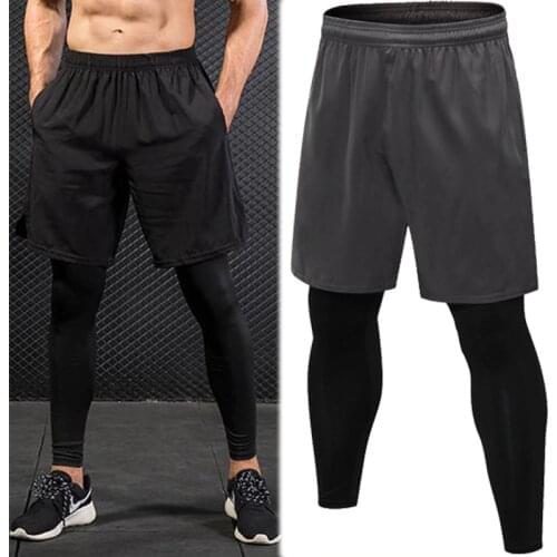 Mens Fake Two-piece Tight Pants Running Fitness Drawstring Sweatpants Elastic Quick-drying Trousers Man Running Sport Pants New