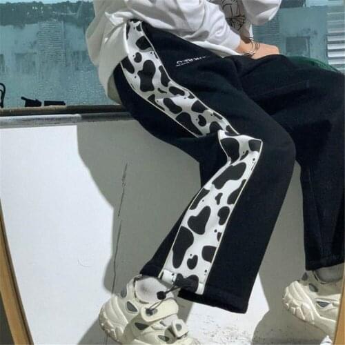 Black Cow Print Pants Harajuku Loose Black Japan Cool Autumn Trousers Fashion Funny Straight Hip Hop Gothic Japan Pants Women