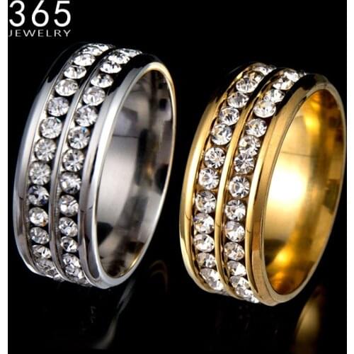 Hot Stone Jewelry Stainless Steel Double Rows Crystal Finger Mid Rings Titanium Rose Gold Rhinestone Wedding Rings for Women Men