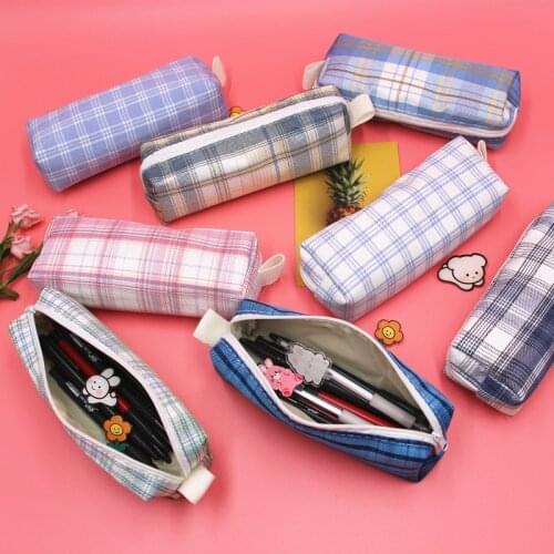 Ins Pencil Case Girls Korean Large-capacity Cute Plaid Pencil Case Box School Teenagers Multifunctional Kawaii Stationery Bag