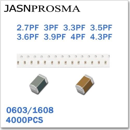 JASNPROSMA 4000PCS 0603 1608 COG/NPO RoHS 50V 0.25% 0.5% 2.7PF 3PF 3.3PF 3.5PF 3.6PF 3.9PF 4PF 4.3PF SMD High quality Capacitor