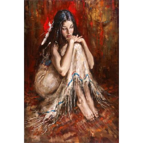 100%Handmade Dream-art Oil painting female portrait nice young girl seated on floor canvas shipping free