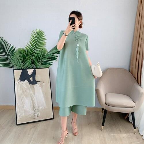 Chinese Style Retro Buckle Stand Collar Cheongsam Top Wide Leg Pant Summer Women 2 Piece Miyak Pleated Loose Vintage Clothes Set