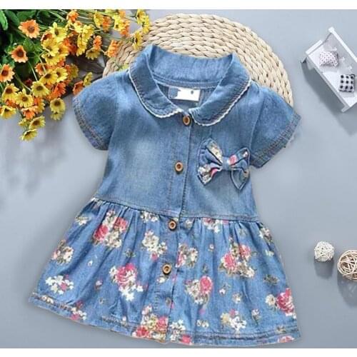 Summer Baby Printed Dress 1-4T Thin Cardigan Turn-Down Collar Denim Girl Princess Floral Print Dresses for Daily Wear