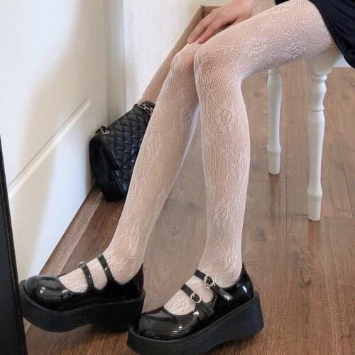 Lolita White Retro Rose Fishnet Tights Lace Floral Rattan Vine Baseing Garter Stockings Gothic Woman Clothing Pantyhose