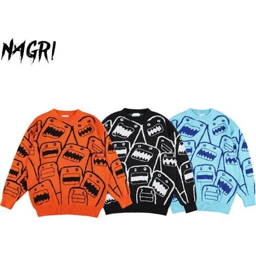 Mens Cartoon Demon Knitted Sweater Casual Streetwear Pullover Sweaters Vintage Retro Japanese Style O-Neck Knitwear Loose Tops