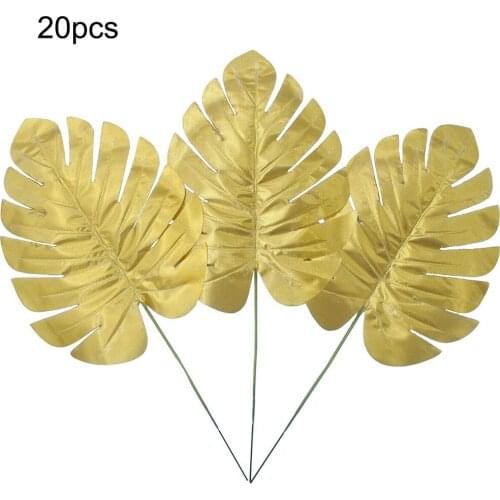 New 20pcs Artificial Gold Palm Leaf Tropical Turtle Leaves As Banquet Decoration Monstera Plastic Leaf