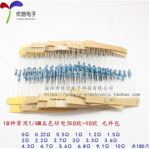 The cladding of 1/4W five color ring resistance pack 0 Ohm -10 Ohm common resistance of each resistance t 18 Kinds Each 10pcs