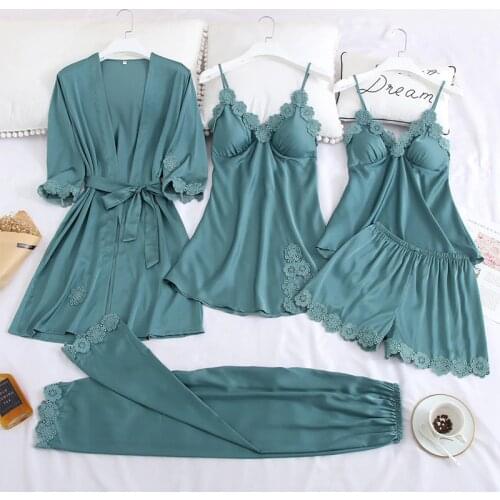 Women Pajamas 5/4/2/1 Pieces Satin Sleepwear Pijama Silk Home Wear Home Clothing Embroidery Sleep Lounge Pyjama with Chest Pads