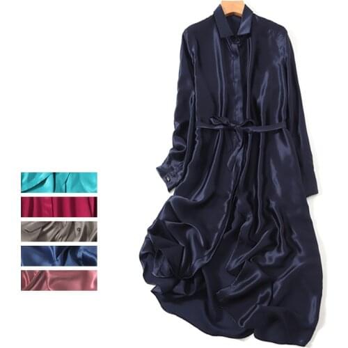 Women Summer Silk Dress Vintage Pink Natural silk dresses Elegant Dress Casual holiday real silk Wine red long shirt dress