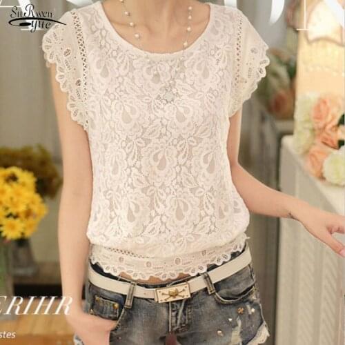 Plus Size 2021 Summer Fashion Chiffon Women Blouses Short Sleeve Women Tops White Color Lace Female Slim Blouse Shirt 01A